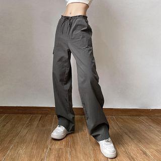 Drawstring Plain Wide Leg Cargo Pants