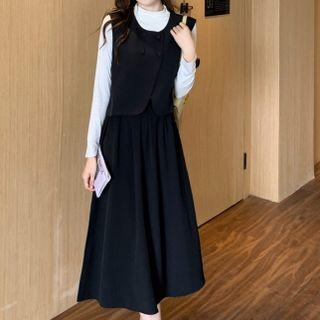 Set: Long-sleeve T-shirt + Vest + A-line Midi Skirt