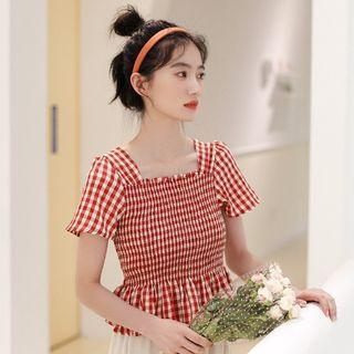 Short-sleeve Gingham Peplum Blouse Plaid - Red - One Size