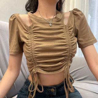 Short-sleeve Drawstring Cut-out Cropped T-shirt