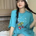 Elbow-sleeve Cherry Embroidered T-shirt