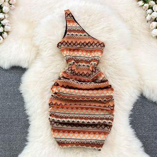 Single Shoulder Striped Sheath Mini Dress