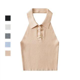 Frog Button Knit Cropped Halter Top