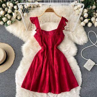 Plain Cutout Embroidered Spaghetti-strap Dress