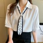 Short-sleeve Dotted Mock-tie Blouse