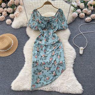 Short-sleeve Tie-neck Floral Asymmetrical Hem Dress