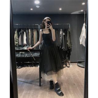 Spaghetti Strap Mesh Panel Midi A-line Dress Black - One Size
