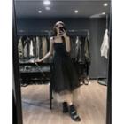Spaghetti Strap Mesh Panel Midi A-line Dress Black - One Size