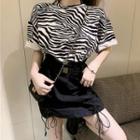 Zebra Print Elbow-sleeve T-shirt / Drawstring Mini Skirt