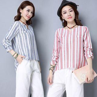 Split-neck Pinstripe Long-sleeve Top