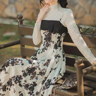 Set: Mock-neck Long-sleeve Lace Top + Floral Print Midi Overall Dress
