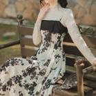 Set: Mock-neck Long-sleeve Lace Top + Floral Print Midi Overall Dress