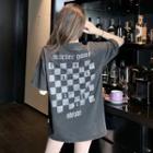 Elbow-sleeve Checkerboard-print T-shirt Gray - One Size