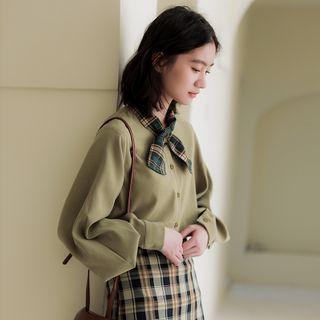 Tie-neck Lantern-sleeve Blouse Green - One Size