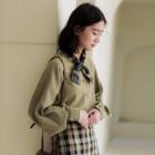 Tie-neck Lantern-sleeve Blouse Green - One Size