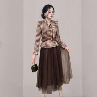 Set: Houndstooth Jacket + Mesh Midi A-line Skirt + Faux Leather Belt