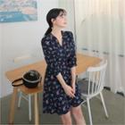 Wrap-front Puff-shoulder Floral Mini Dress