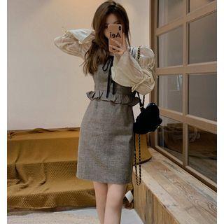 Puff-sleeve Plain Blouse / Sleeveless Tie-neck Plaid Ruffle Trim Mini Dress