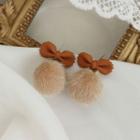 Bow Pom Pom Drop Earring 1 Pair - Silver Needle Earring - Light Brown Bow - Coffee - One Size