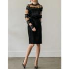 Lace-yoke Velvet Textured Dress With Belt