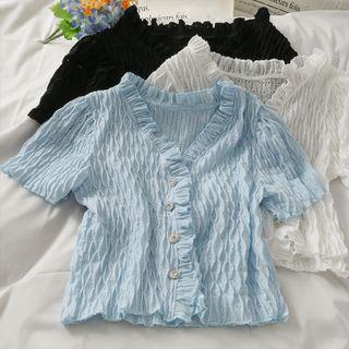 Embossed Ruffled-trim Cropped V-neck Shirt