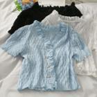 Embossed Ruffled-trim Cropped V-neck Shirt