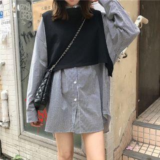 Long-sleeve Mini Shirtdress / Cropped Tank Top