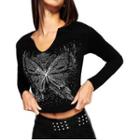 Long-sleeve Butterfly Rhinestone Cropped T-shirt