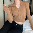 Wide-collar Cropped Cardigan Khaki - One Size