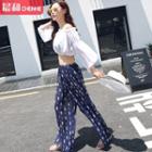 Set: Print Bikini + Off Shoulder Top + Wide Leg Pants