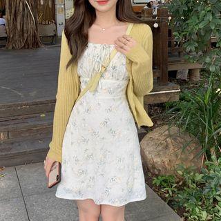 Spaghetti-strap Floral Lace Up Slim Fit Dress / Plain Ribbed Cardigan