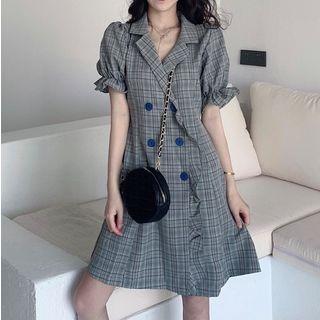 Plaid Puff-sleeve Ruffle-trim Dress