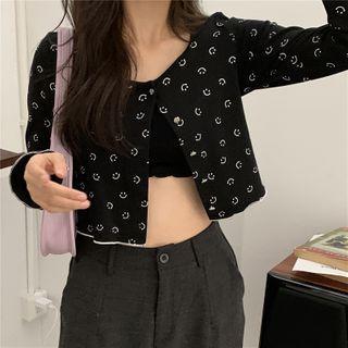 Smiley Face Printed Long-sleeve Cardigan As Shown In Figure - One Size