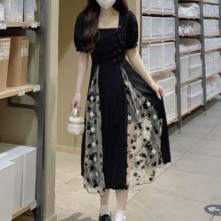 Short Sleeve Floral Mesh Panel Midi A-line Dress