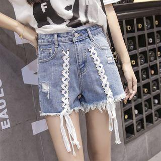 Lace-up Ripped Denim Shorts