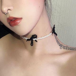 Ribbon Faux Pearl Choker Black Bow & Faux Pearl - White - One Size
