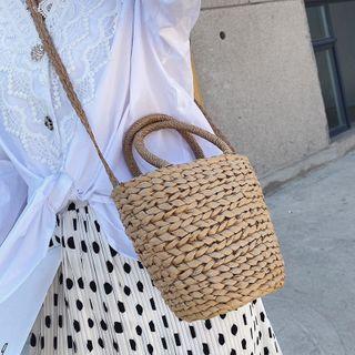 Top Handle Woven Crossbody Bucket Bag