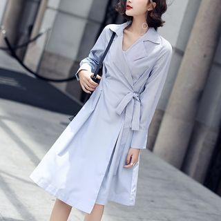 Striped Wrap Front Long-sleeve A-line Dress