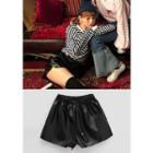 Drawcord-waist Faux-patent Shorts Leather - Black - One Size