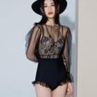 Set: Spaghetti-strap Lace Swimsuit + Cover-up