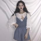 Set: 3/4-sleeve Chiffon Top + V-neck Knitted Camisole Top + High Waist Shorts