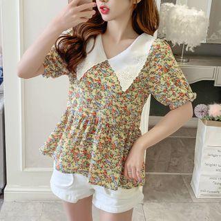 Balloon-sleeve Floral Print Peplum Blouse