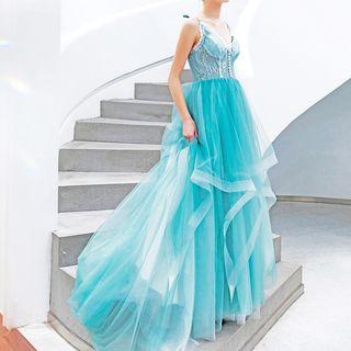 Spaghetti Strap Lace Frill Trim A-line Evening Gown
