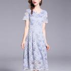 Print Short-sleeve Lace Dress