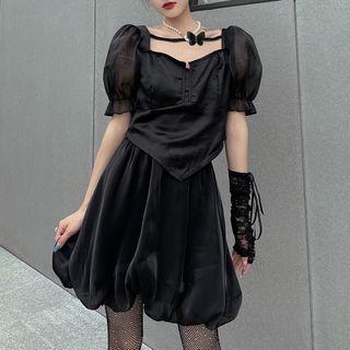 Set: Asymmetrical Puff-sleeve Blouse + A-line Skirt