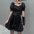 Set: Asymmetrical Puff-sleeve Blouse + A-line Skirt