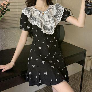Puff-sleeve Lace Panel Floral Mini A-line Dress (various Designs)