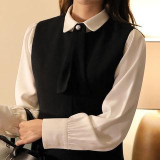 Detachable-tie Faux-pearl Shirred Shirt