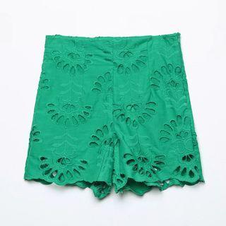 High-waist Embroidered Eyelet Shorts