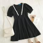 Color-block Crewneck Perforated Puff-sleeve A-line Dress Black - One Size